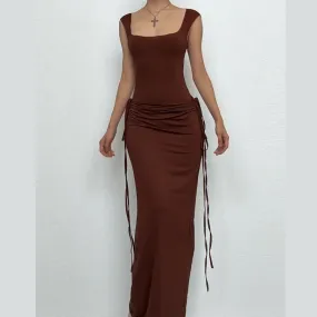 U neck self tie solid tank maxi skirt set