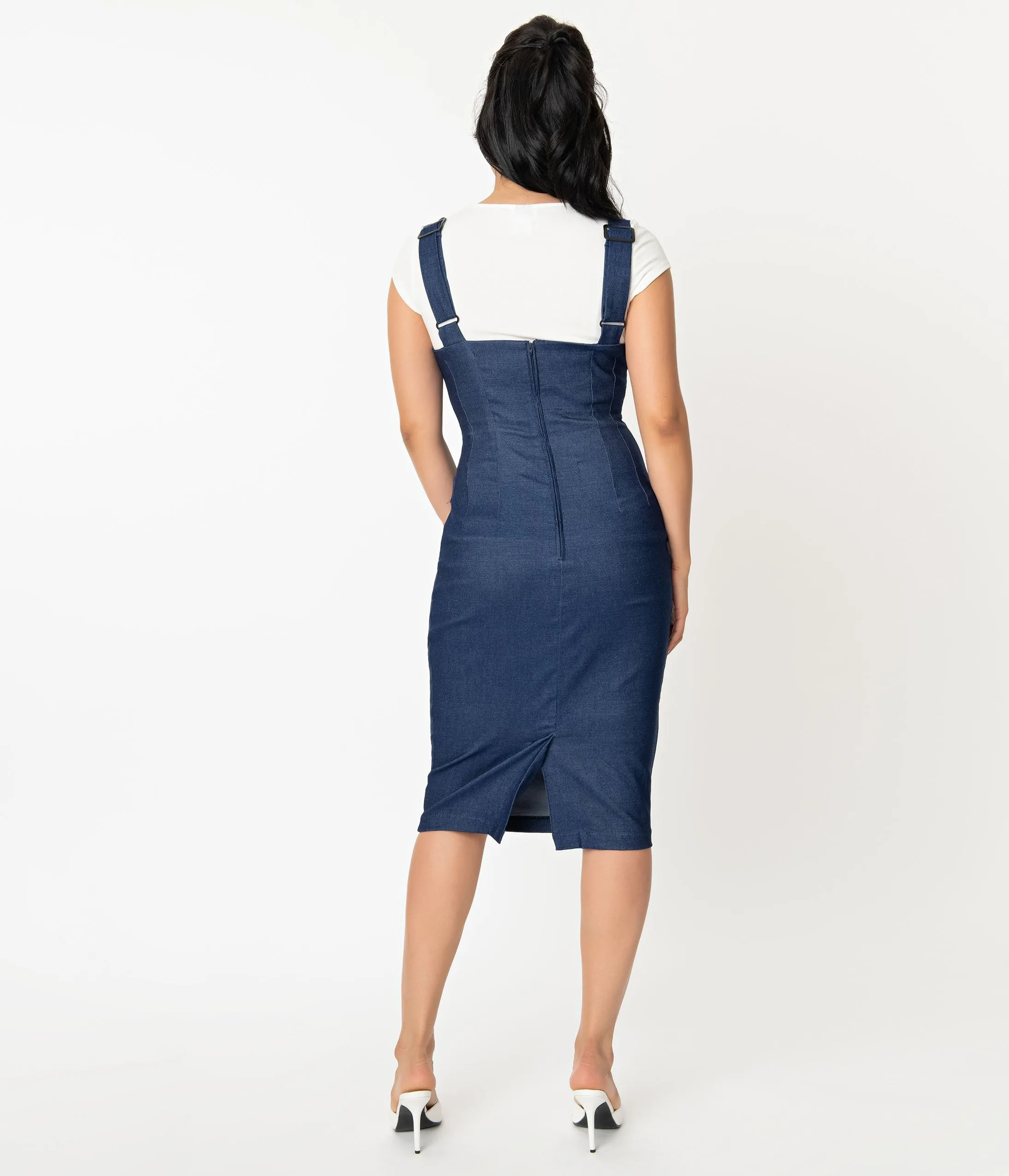 Unique Vintage Denim Blue Fontaine Suspender Pencil Skirt