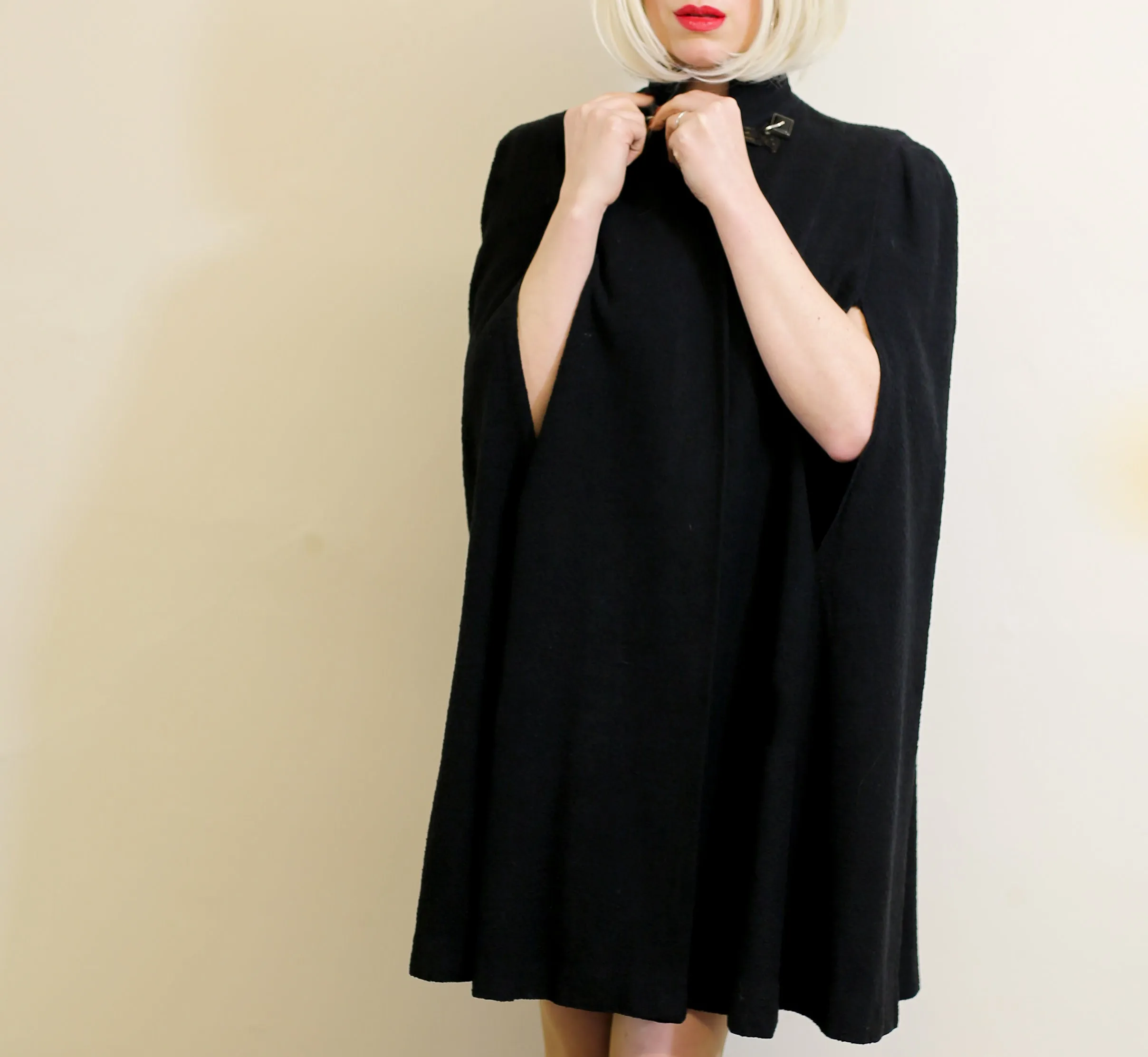 Vintage 1930s Black Boucle Wool Cape