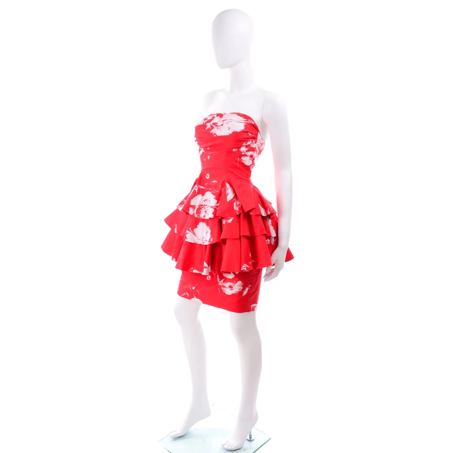 Vintage Barboglio Cristina Jan 2 Pc Strapless Peplum Dress in Red Floral Print