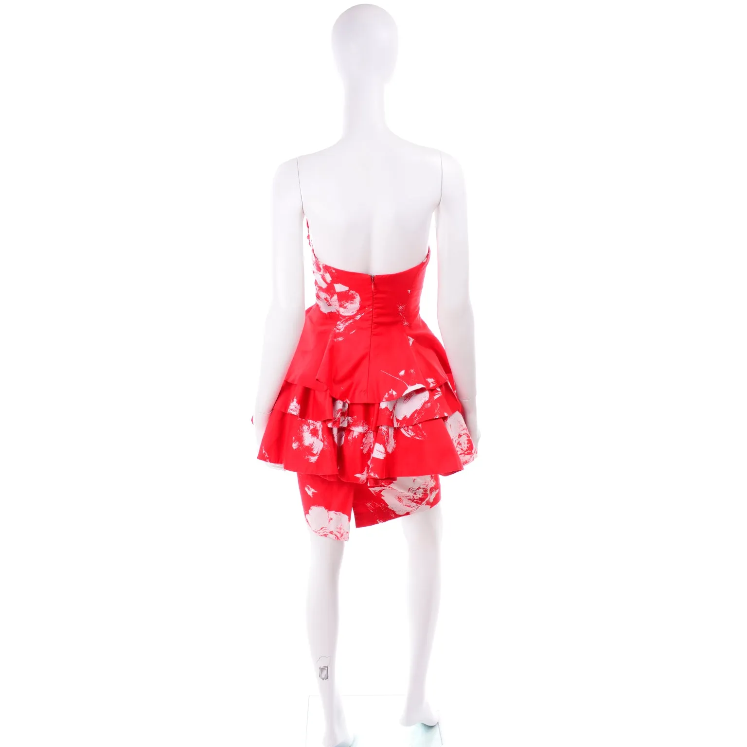 Vintage Barboglio Cristina Jan 2 Pc Strapless Peplum Dress in Red Floral Print