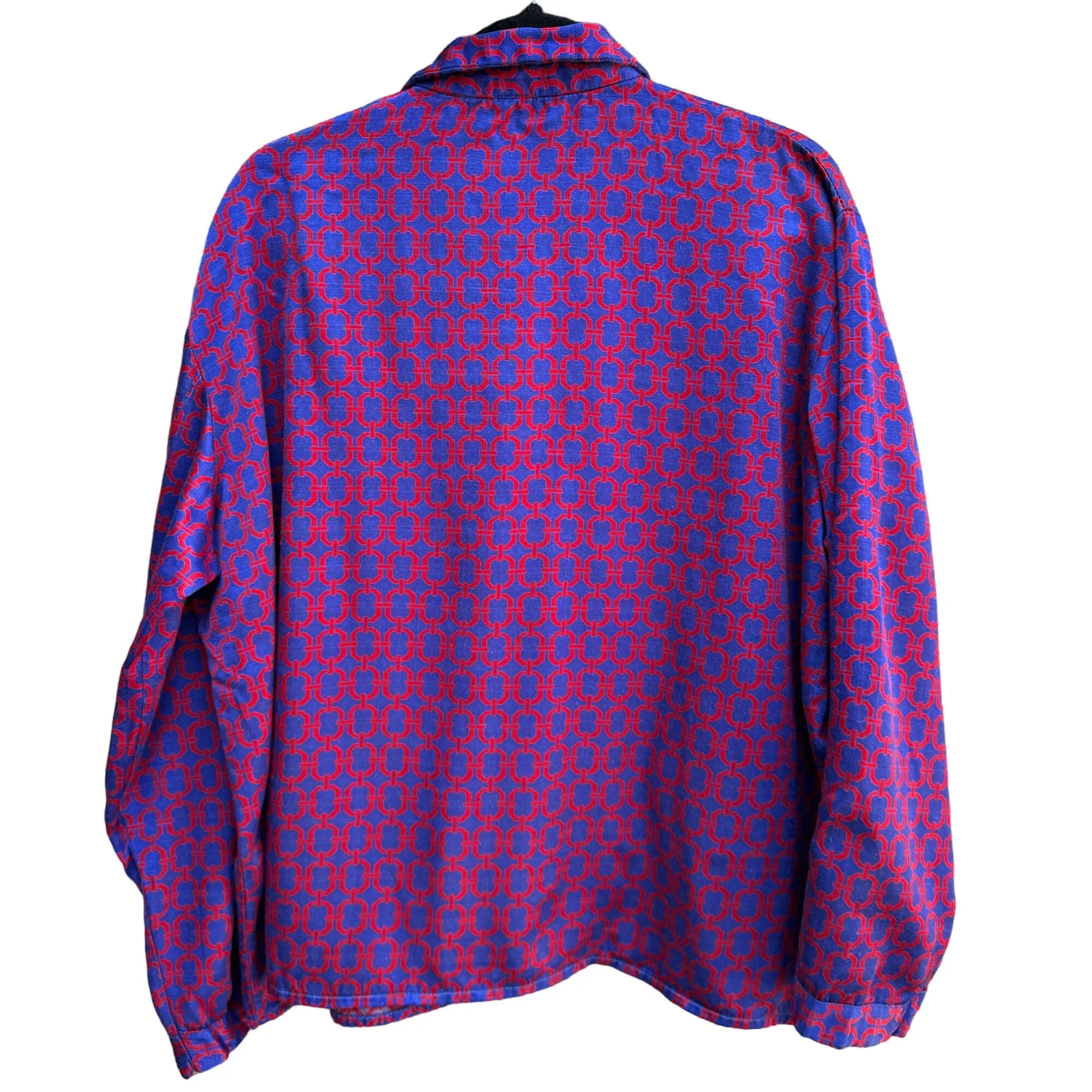 Vintage Blue & Red Geometric Pattern Long Sleeve Button-Up Shirt With Pockets