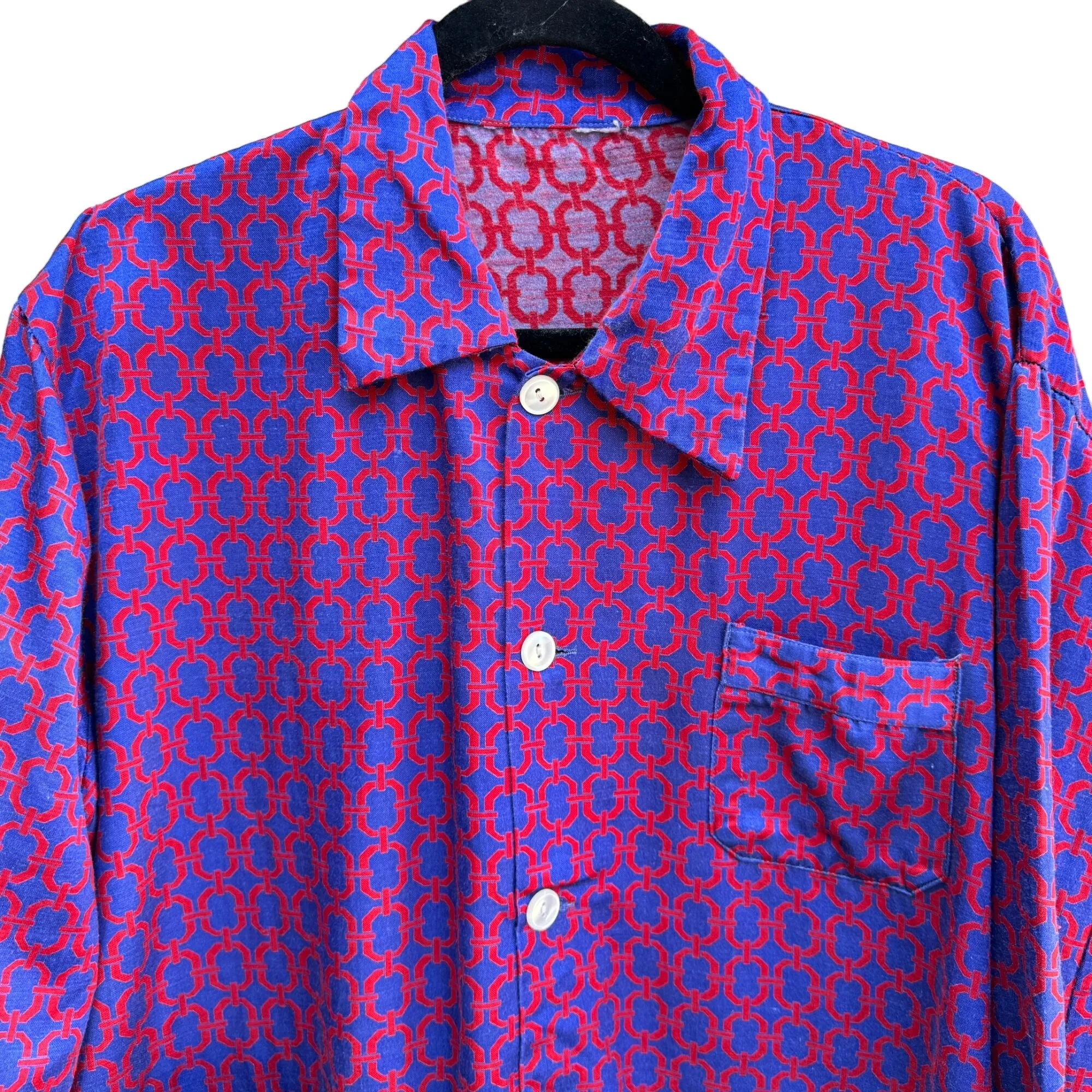 Vintage Blue & Red Geometric Pattern Long Sleeve Button-Up Shirt With Pockets