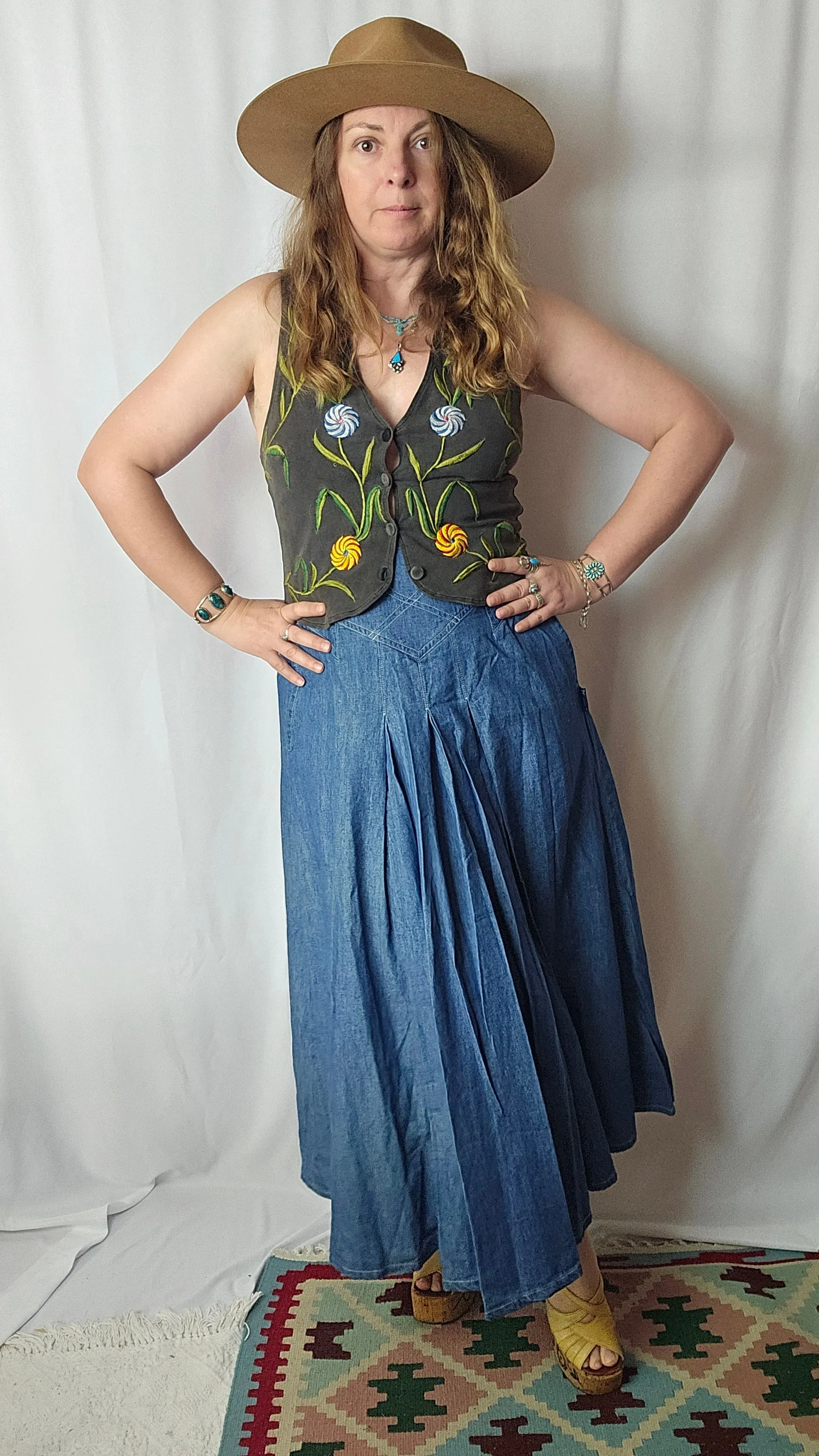 Vintage Jag Blue Denim Cotton Midi Skirt 8-10 (tag is 12 vintage size)