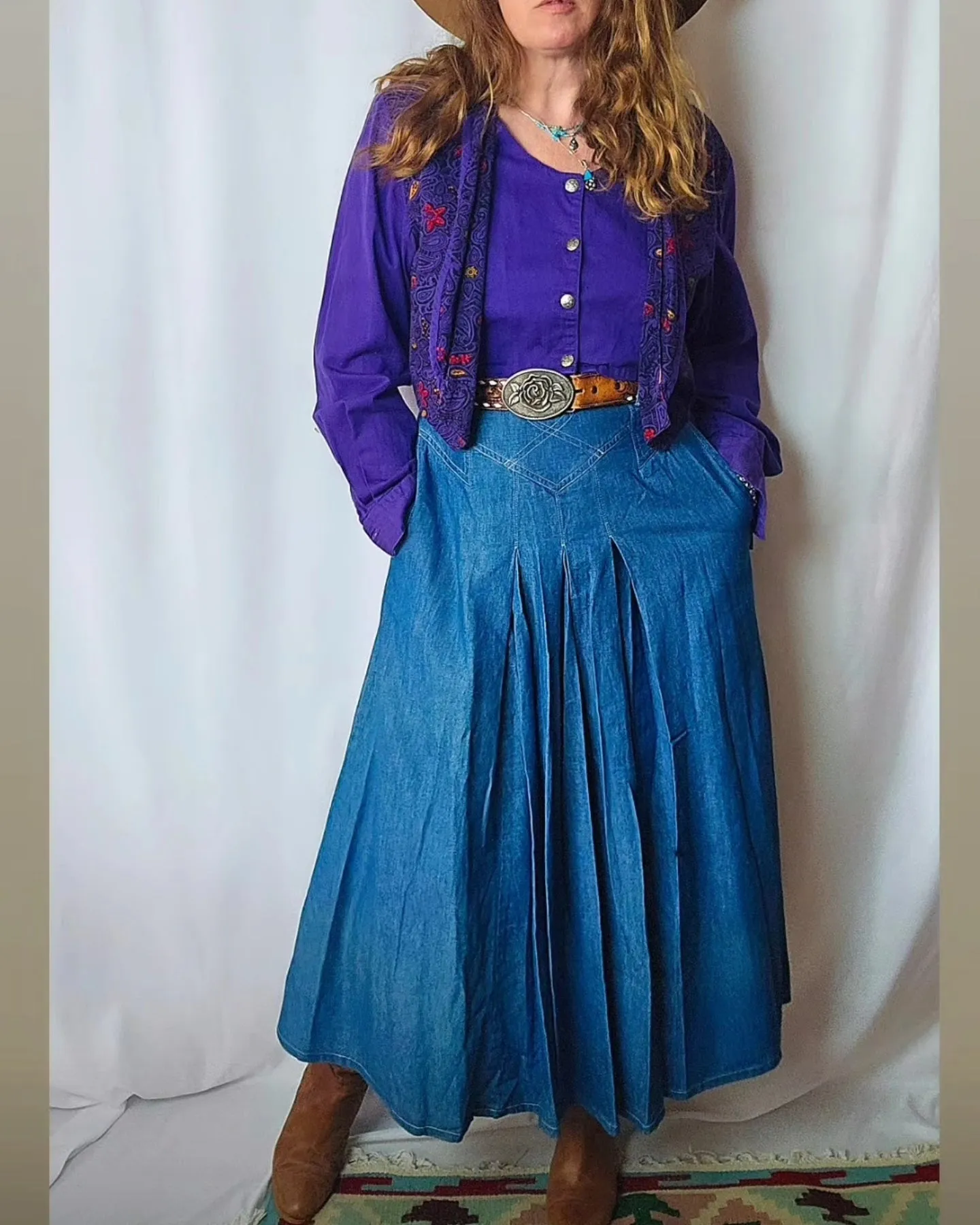 Vintage Jag Blue Denim Cotton Midi Skirt 8-10 (tag is 12 vintage size)