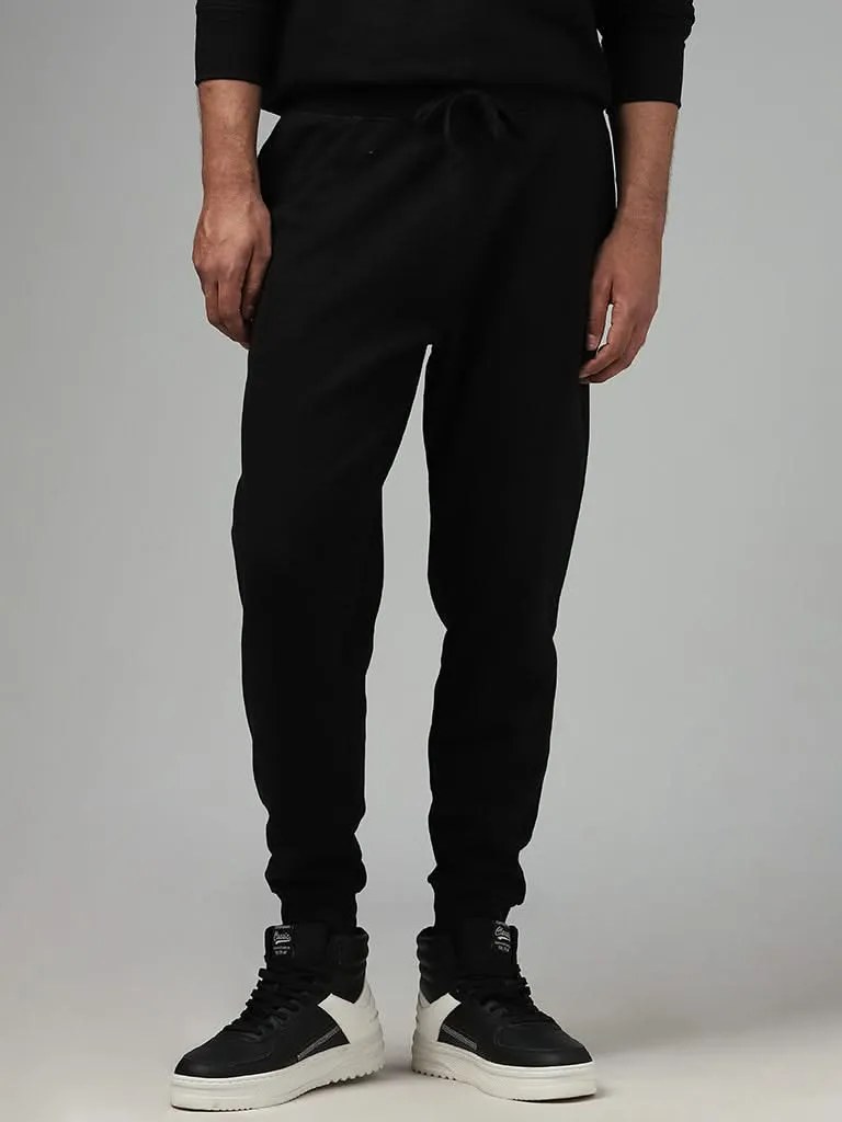 WES Lounge Solid Black Cotton Blend Relaxed-Fit Joggers