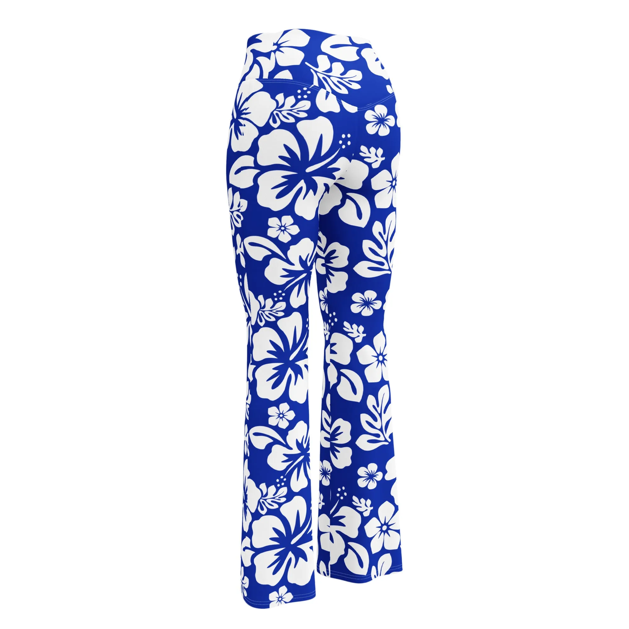 White and Royal Blue Hawaiian Flowers Flare Leggings