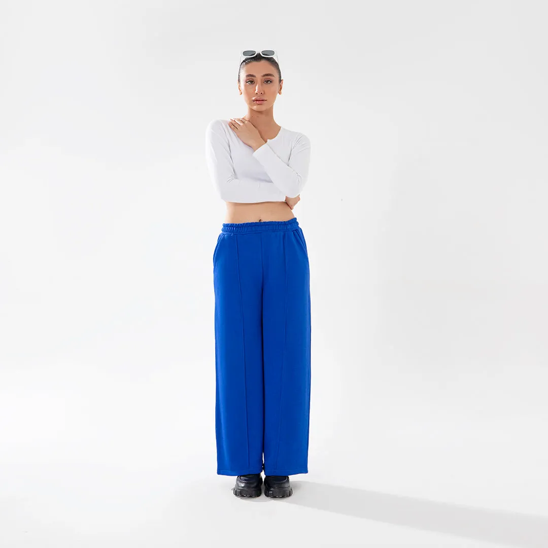 Wide Leg Seam Front Flare Joggers in Royal Blue