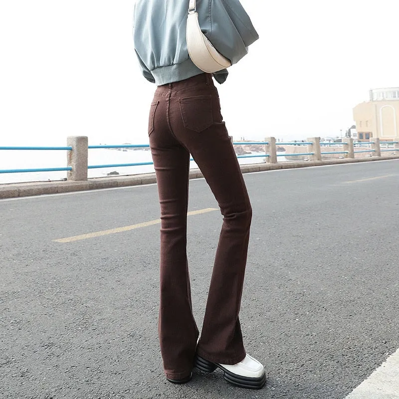 Wjczt Flared Jeans Femme Street Low Waist Horn Pants Japanese Brown Elastic  Korean Fashion Casual Cotton Y2k Women Trousers