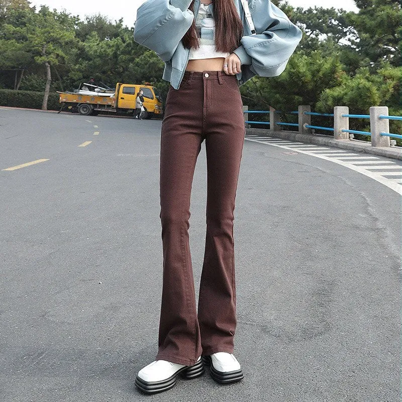 Wjczt Flared Jeans Femme Street Low Waist Horn Pants Japanese Brown Elastic  Korean Fashion Casual Cotton Y2k Women Trousers