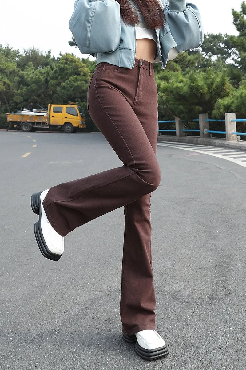 Wjczt Flared Jeans Femme Street Low Waist Horn Pants Japanese Brown Elastic  Korean Fashion Casual Cotton Y2k Women Trousers