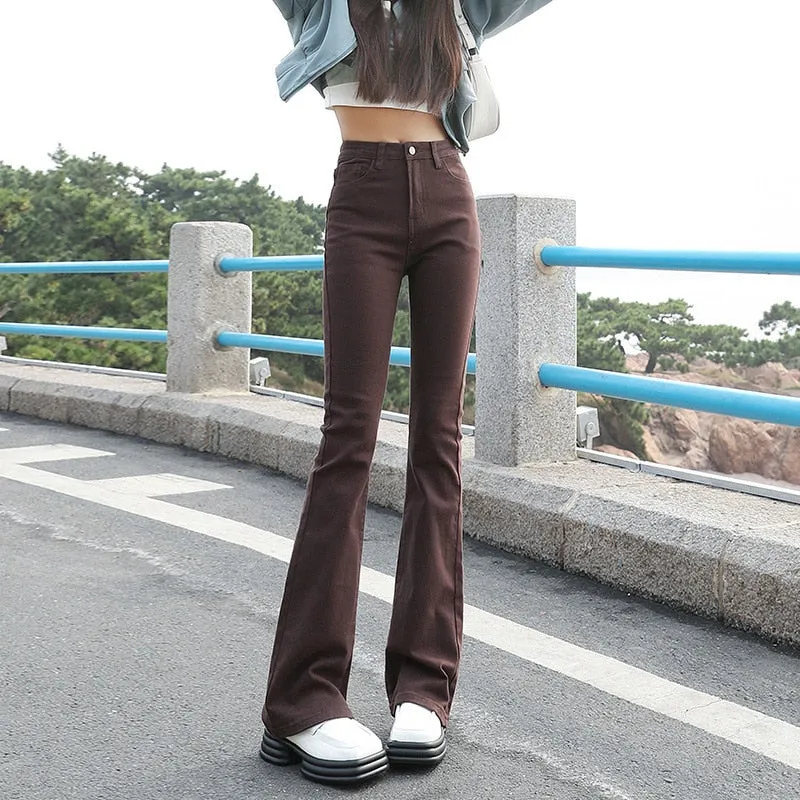 Wjczt Flared Jeans Femme Street Low Waist Horn Pants Japanese Brown Elastic  Korean Fashion Casual Cotton Y2k Women Trousers