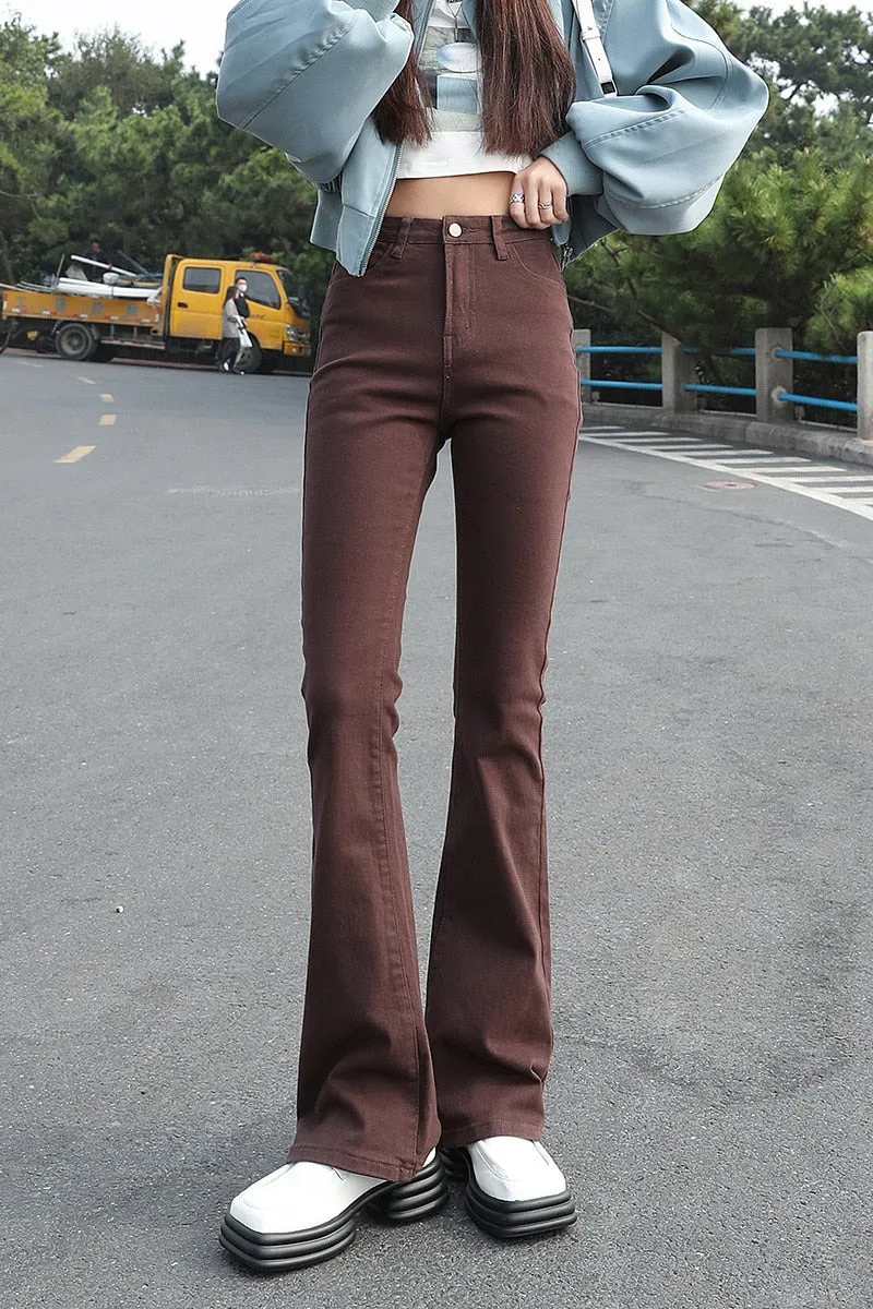 Wjczt Flared Jeans Femme Street Low Waist Horn Pants Japanese Brown Elastic  Korean Fashion Casual Cotton Y2k Women Trousers