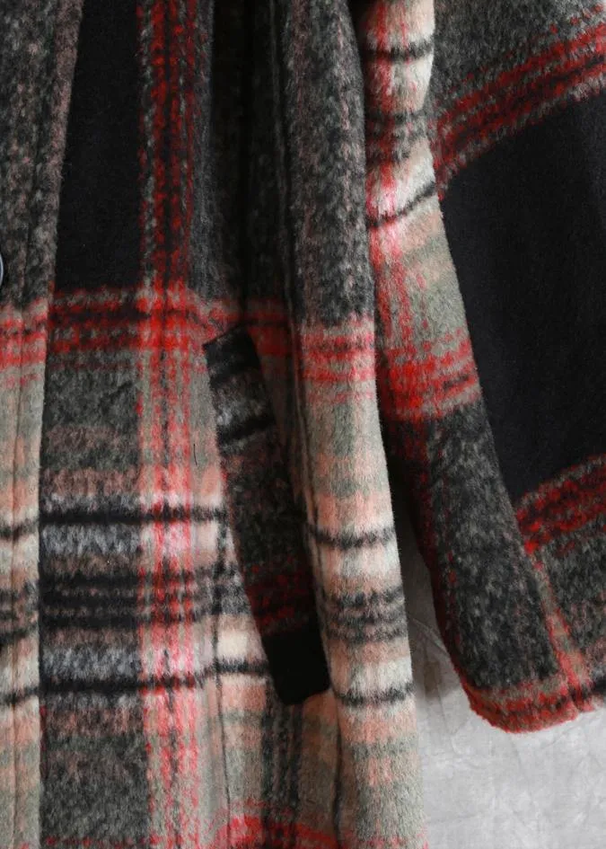 women casual long jackets  women coats black plaid tie waist asymmetric Woolen Coat