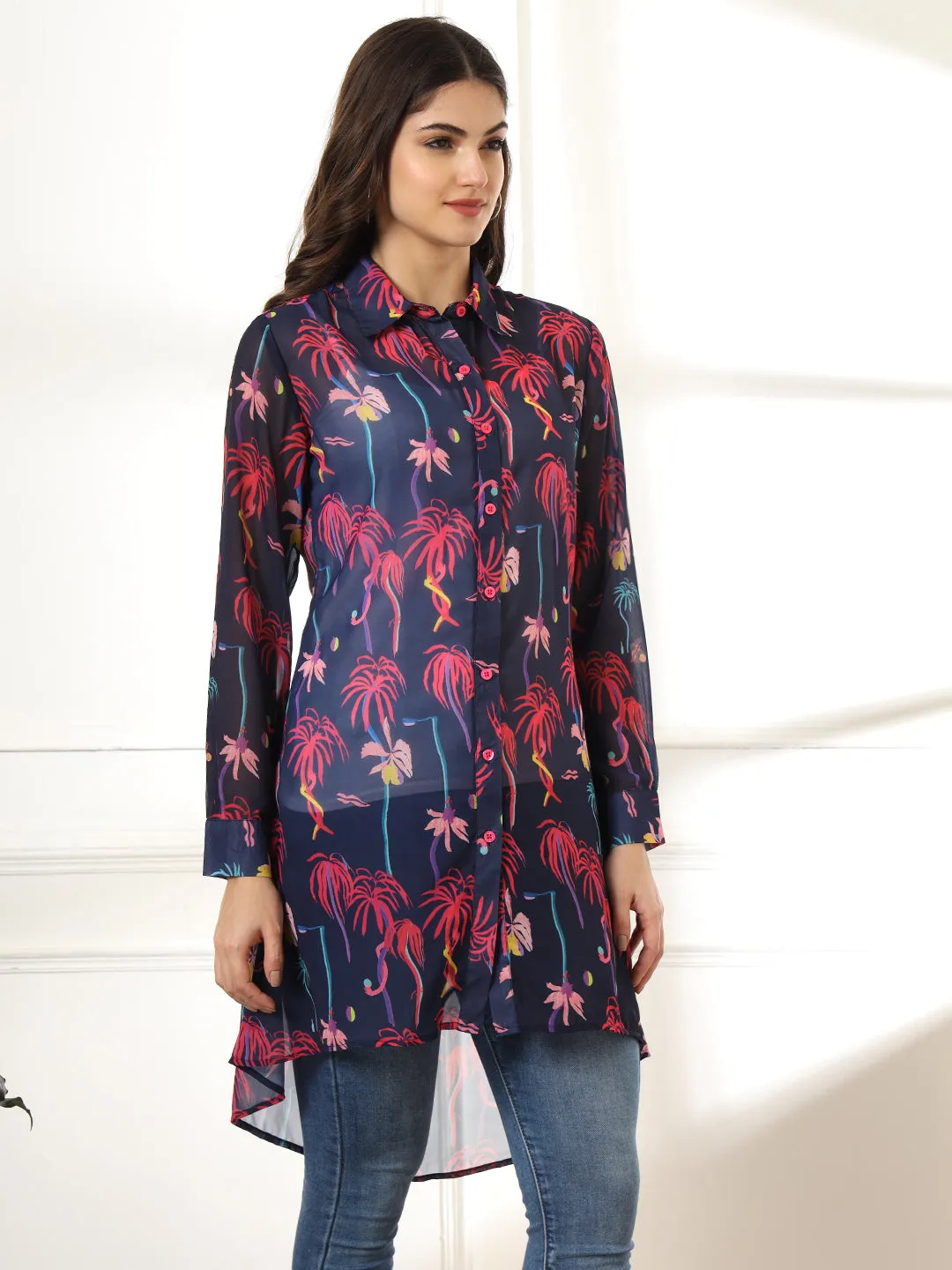 Women Classic Semi Sheer Printed Casual Shirt