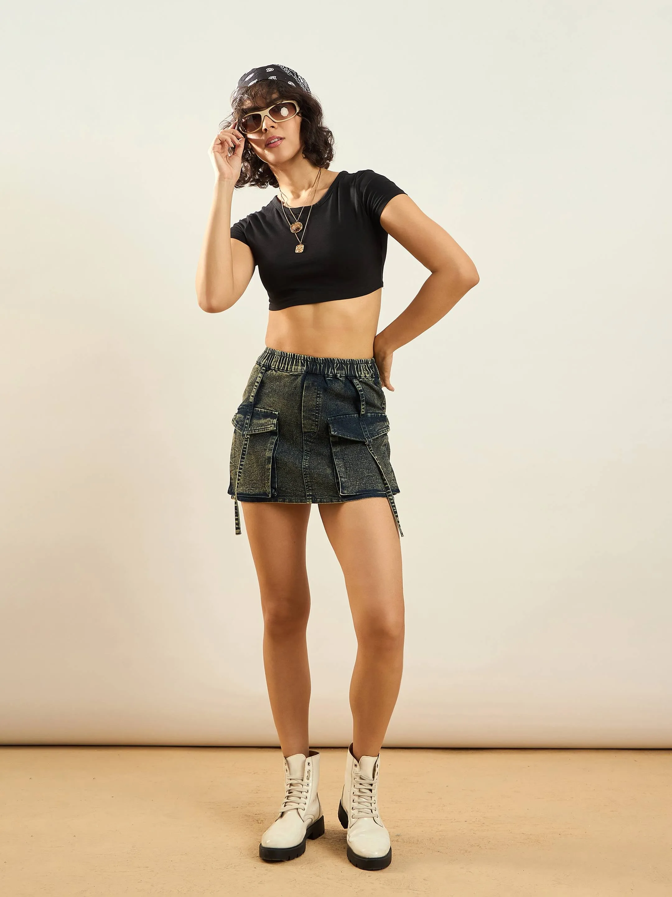 Women Green Washed Denim Front Pocket Mini Skirt