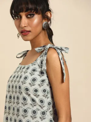 Women Grey Sleeveless Printed Flared Pure Cotton Kurta With Culottes