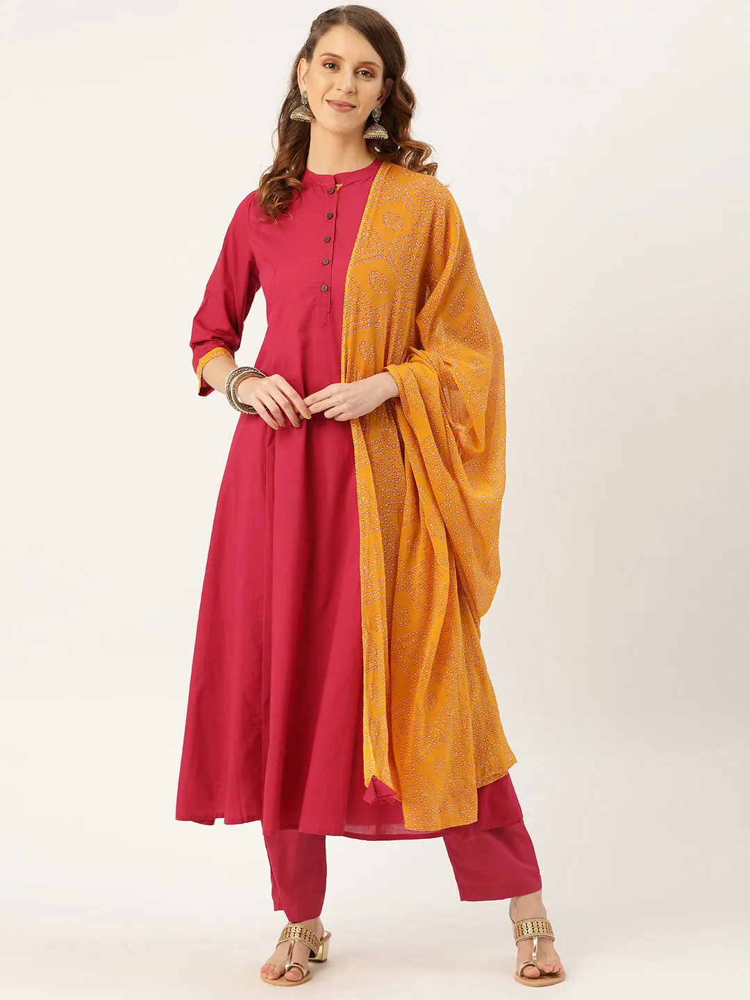 Women Magenta Kurta Pants & Mustard Bandhej Dupatta