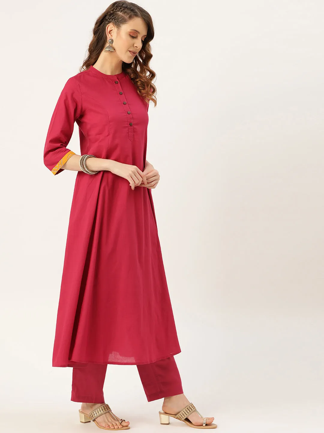 Women Magenta Kurta Pants & Mustard Bandhej Dupatta