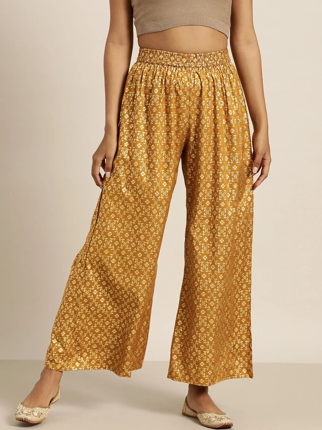 Women Mustard Foil Print Flared Liva Pants