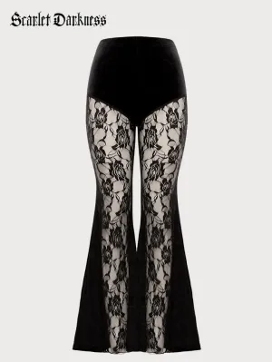 Women Victorian Goth Style Black Lace Velvet Flared Trousers