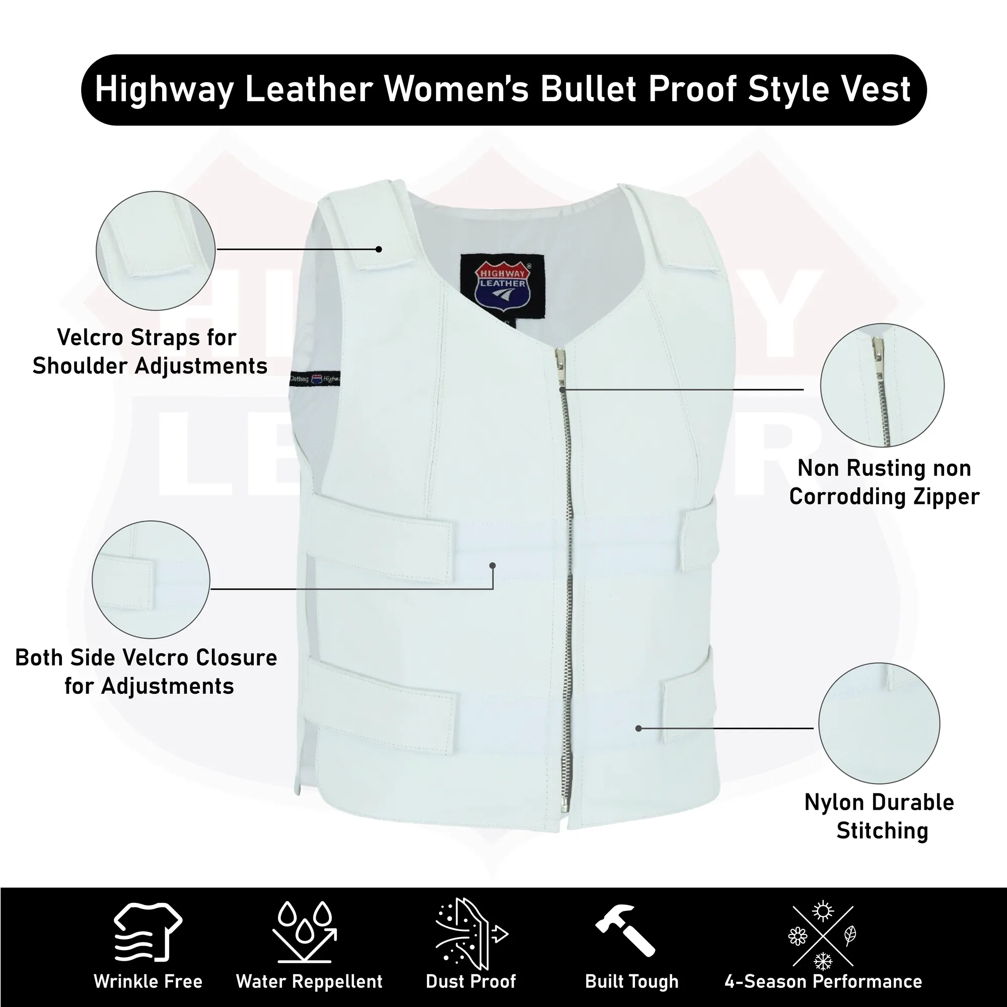 Women White Bullet proof style leather Vest for Biker club