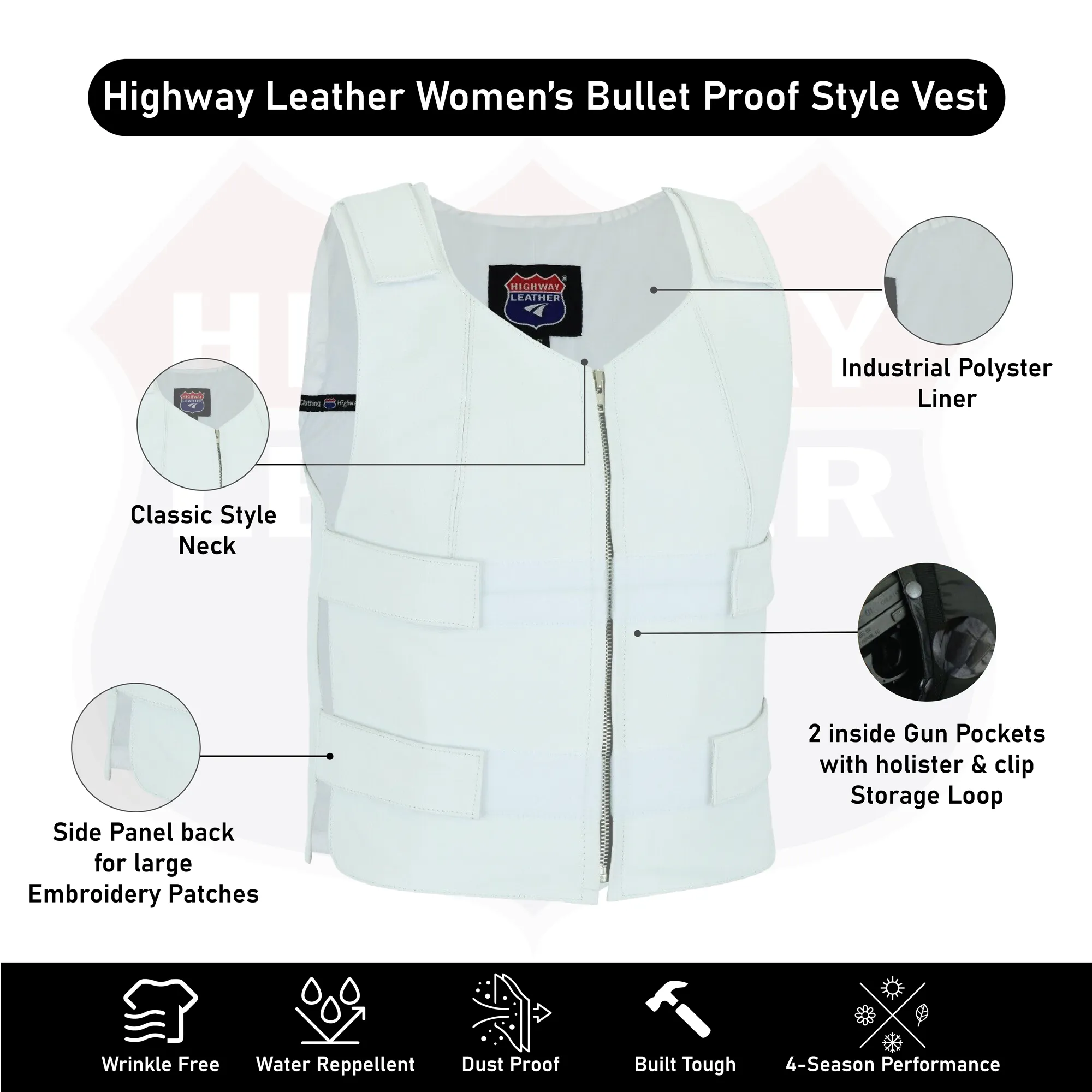 Women White Bullet proof style leather Vest for Biker club