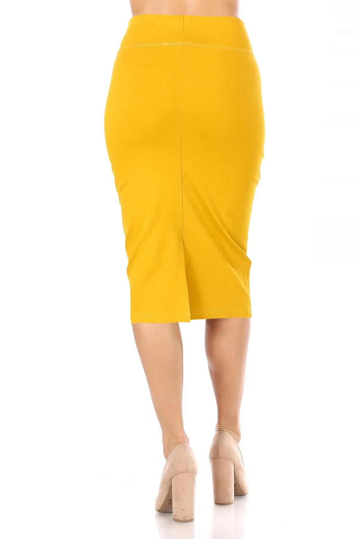 Women's Casual Solid  High Waist Stretchy Back Split Midi Pencil Skirt