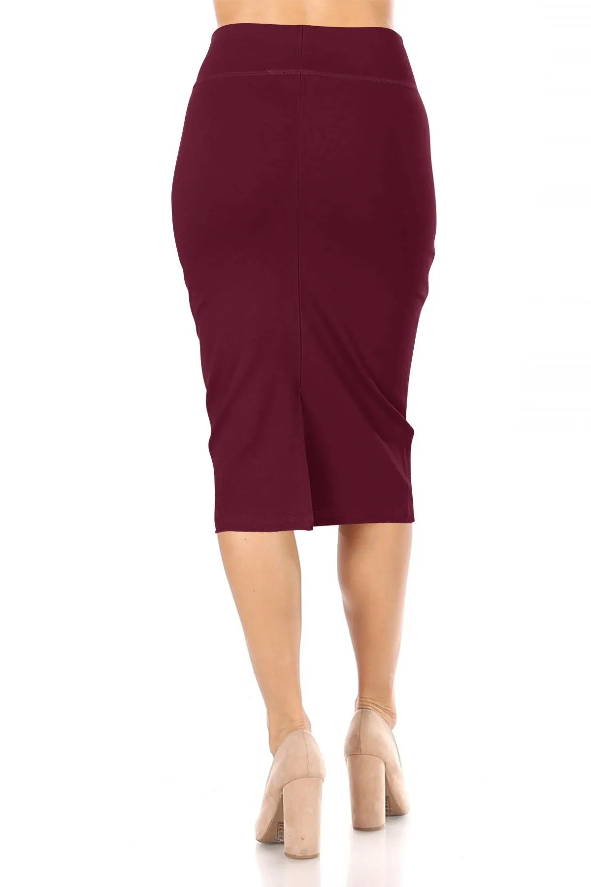 Women's Casual Solid  High Waist Stretchy Back Split Midi Pencil Skirt