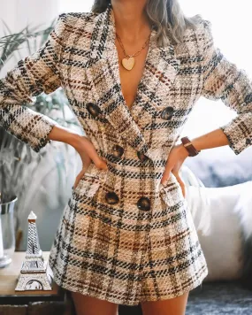 Women's Double Button Fashion Printed Plaid Wool Coat