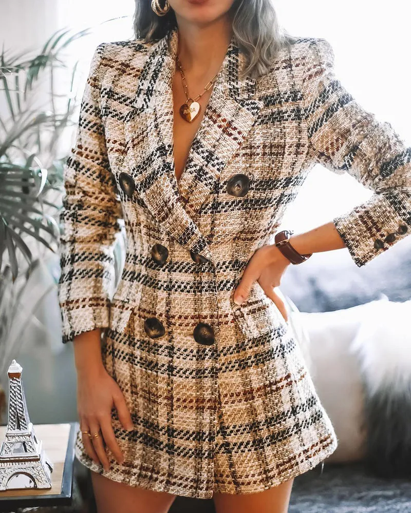 Women's Double Button Fashion Printed Plaid Wool Coat