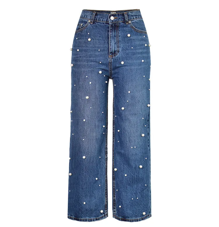 Women's High Waist Straight Loose Wide Leg Denim Flared Trousers Pearl Studded Pull Up Jeans