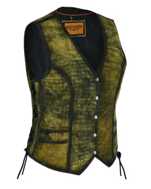 Womens Longer Cut Rub-Off Brown Leather Motorcycle Vest