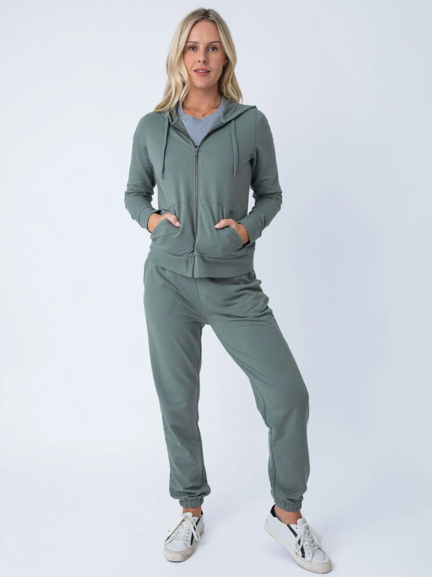 Women's Mercury Green Terry Zip-Up Hoodie