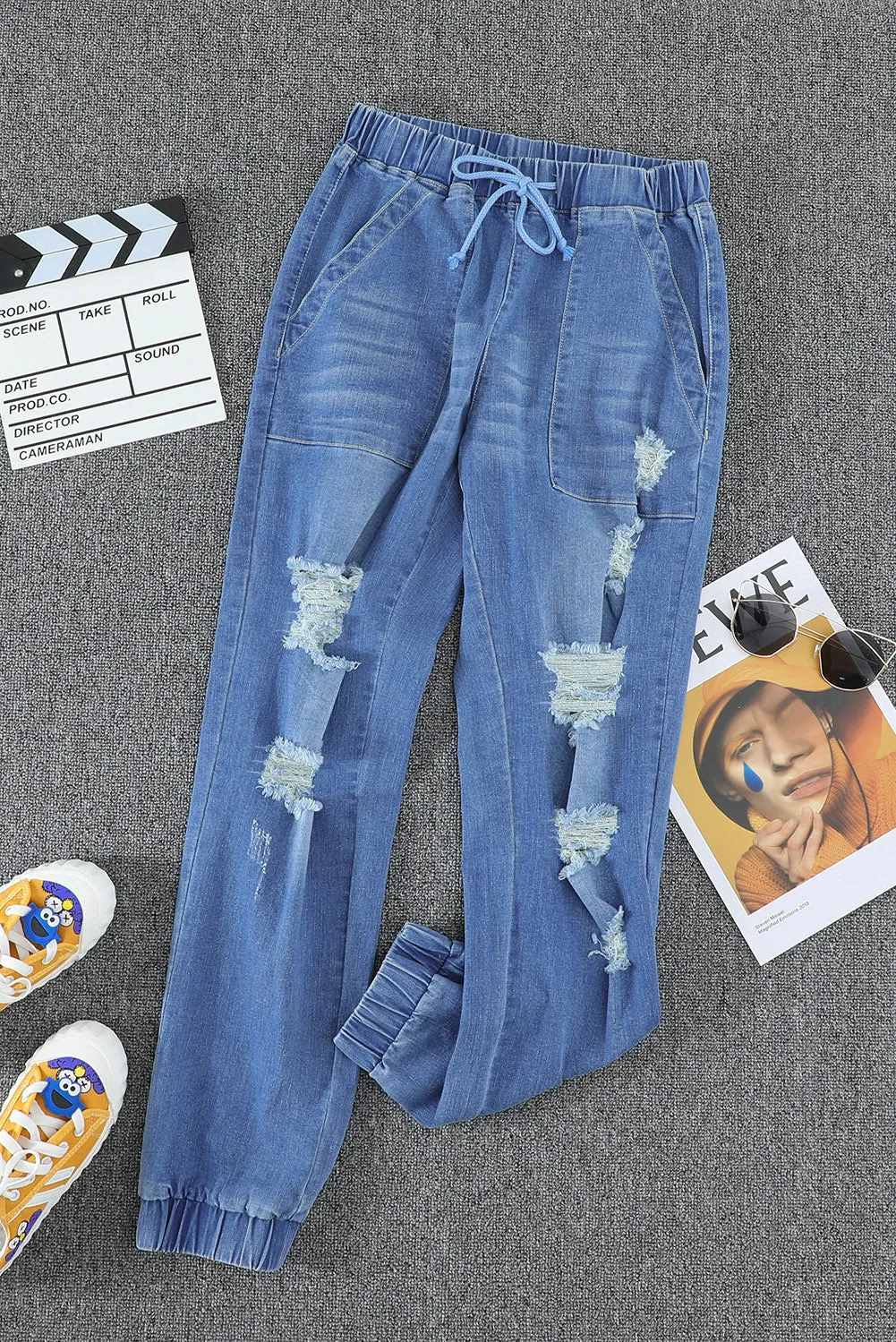 Womens Pocketed Distressed Denim Joggers Boyfriend Pants