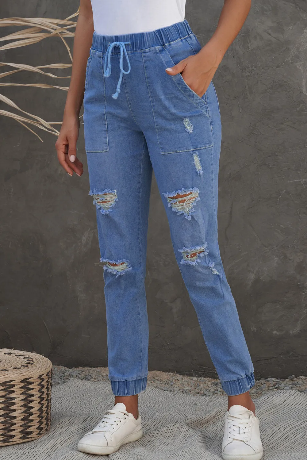 Womens Pocketed Distressed Denim Joggers Boyfriend Pants