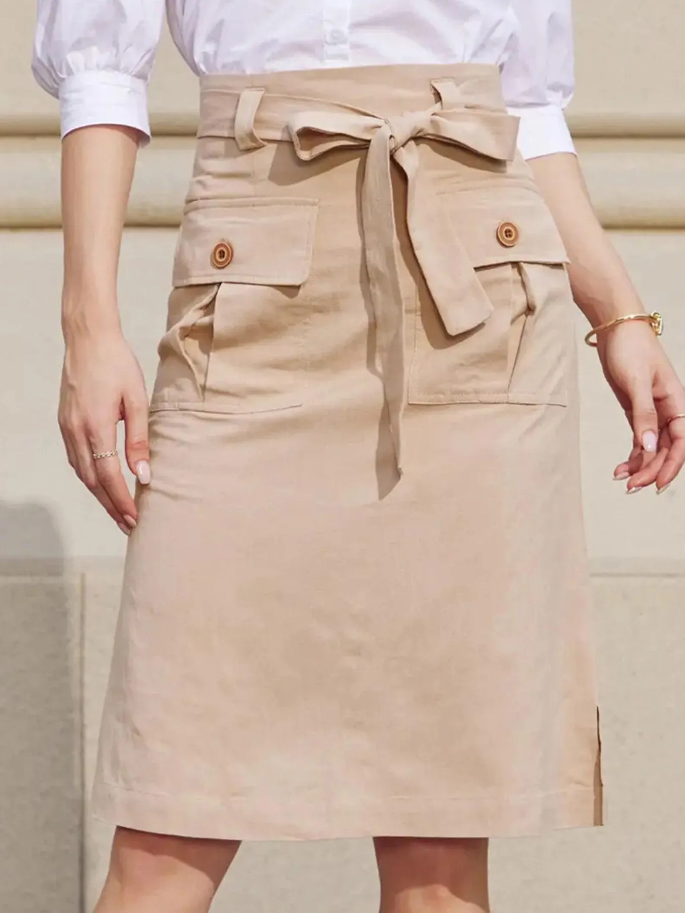 Women's Tie Front Pocket High Waist Belted Plain Cotton Poplin A Line Skirt