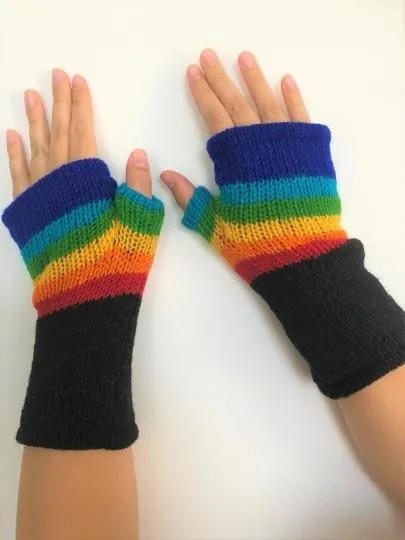 Wool Knit Fleece Lined  Wrist Warmers - Black Rainbow Stripe