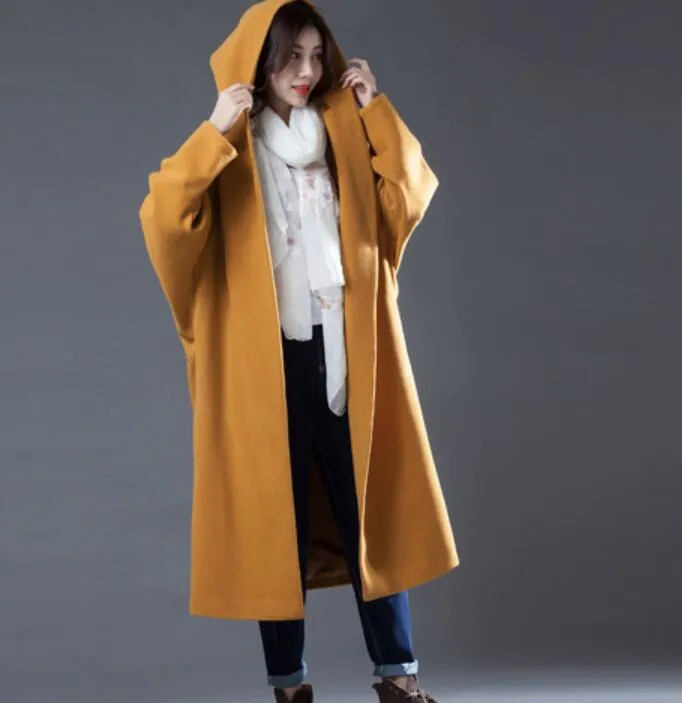 Yellow Women Double Breasted Coat Handmade Long loose Women Wool Coat Jacket