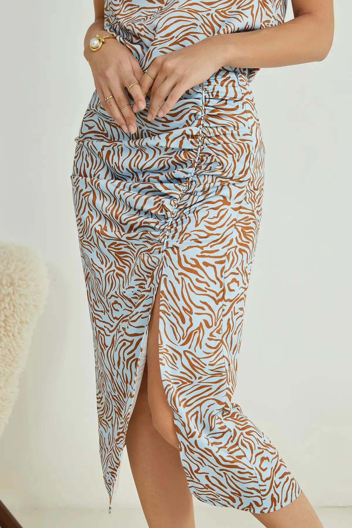 Zebra Stripe Ruched Split Midi Skirt