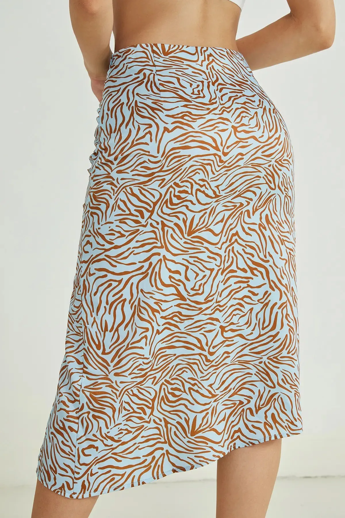 Zebra Stripe Ruched Split Midi Skirt